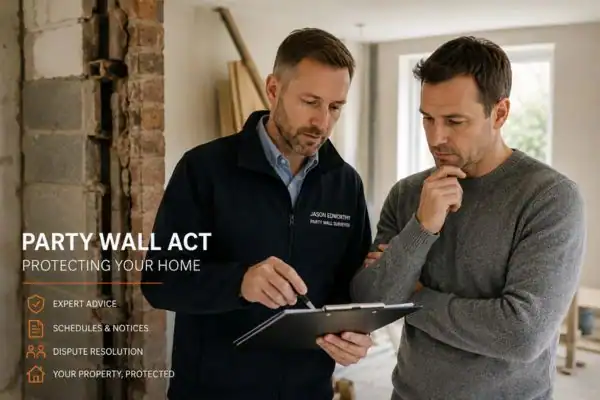Party wall surveyor Conisbrough discussing extension plans with homeowner outside a UK semi-detached house.